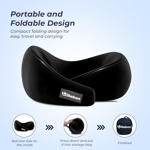 Image of Billebon Gel Infused Memory Foam Neck Pillow, Travel Pillow with Adjustable Velcro Straps, Neck Pillow for Travelling & Flight Travel, Ergonomic Support for Comfort & Pain Relief (Black Combo)