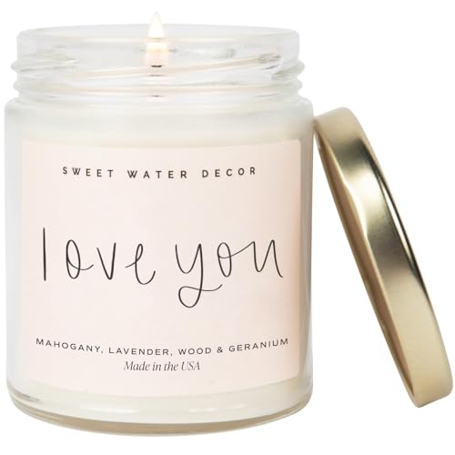 Sweet Water Decor, Love You Candle | Mahogany Teakwood Scented Soy Wax Candle for Home | Valentine's Day Gifts | 9oz Clear Jar, 40 Hour Burn Time