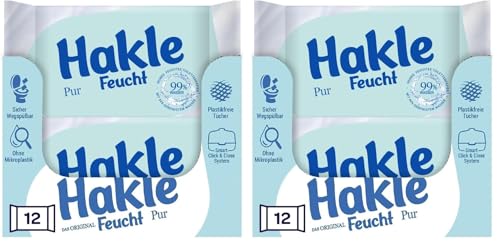 Hakle Feucht Pur im 12er-Pack, 504 Tücher (12 x 42 Blatt), pflegendes feuchtes Toilettenpapier, feuchte Tücher mit 99% Wasser, schnell wasserlösliche Feuchttücher (Packung mit 2)