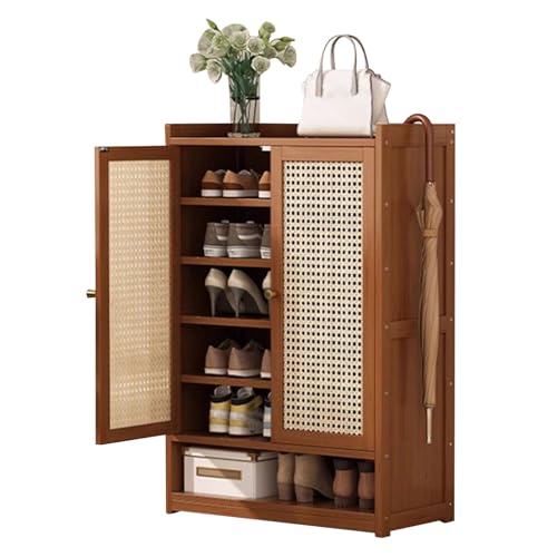 Rattan Shoe Cabinet for Entryway - Farmhouse Storage Rack with Doors and Open Storage - Hallway Living Room Closet Shoe Organizer
