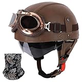 German Style Motorcycle Helmets, Retro Leather Half Helmet, DOT Approved Adult Men Women Vintage Half Face Helmet, with Goggles, for Moped Bike Cruiser Scooter Chopper (Brown, M)