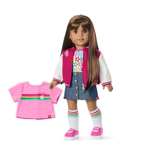 Image of Bundle of American Girl, Truly Me 18-inch Doll #122 with Brown Eyes, Straight Dark-Brown Hair, Tan Skin, for Ages 6+ + Truly Me 18-inch Doll Outfit, Pink & Preppy Outfit, for Ages 6+