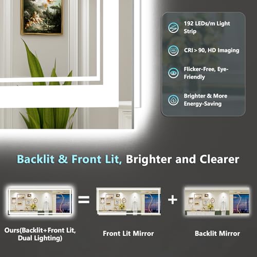 Image of 88x38 LED Bathroom Mirror with Lights, Backlit and Front Lit Anti-Fog Lighted Vanity Mirrors for Bathroom Wall, Dimmable, 3-Color Light, Memory, Shatter-Proof, HD Tempered Glass, CRI>90