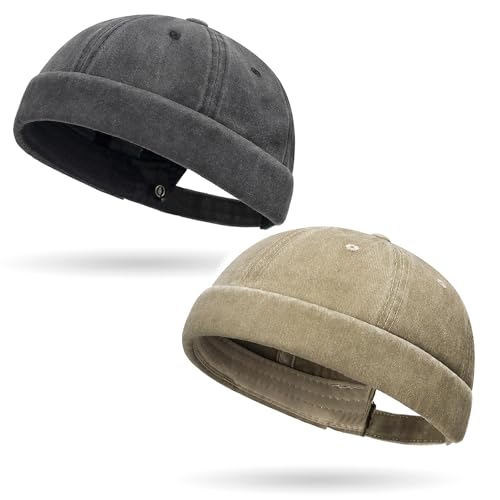ZXTGBQ Lot de 2 Docker Bonnet Homme Casquette sans Visière Homme Femme Brimless Chapeau Docker Hat (Noir, Kaki)