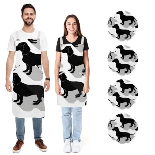Lot de tabliers de cuisine motif teckel noir réglable doux avec 2 poches pour adulte