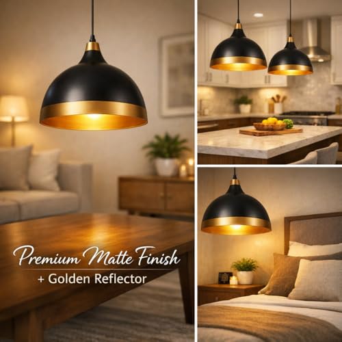 Image of DarkVision Modern Metal Black with Gold Shade Hanging Pendant Light Dome Shape with Adjustable Cord Ceiling Fixture for Kitchen Island, Bedroom, Living Room, Balcony, Dining Area (Bulb Included)