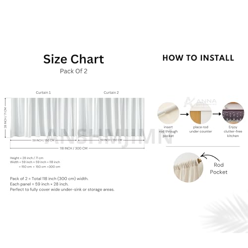 Image of Decorative Kitchen Sink Curtain | Pack of 2 | 150x70 cm Under-Sink Cover | Rod Pocket | Wash Basin & Storage Area Cover