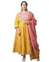 Rajnandini Women's Pure Cambric Cotton Embroidered Plus Size Kurta Set With Dupatta (JOPLVL244X-XXL_Yellow & Pink_XXL)