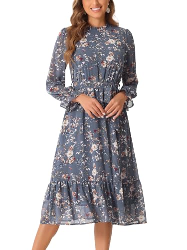 Allegra K Fall Casual Floral Dress for Women 2025 Long Sleeve Crew Neck Chiffon Midi Tea Party Ruffle Dresses X-Small Grey Blue