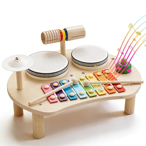 Kids Drum Kit Wooden Drum Set with Xylophone Musical Percussion Instruments