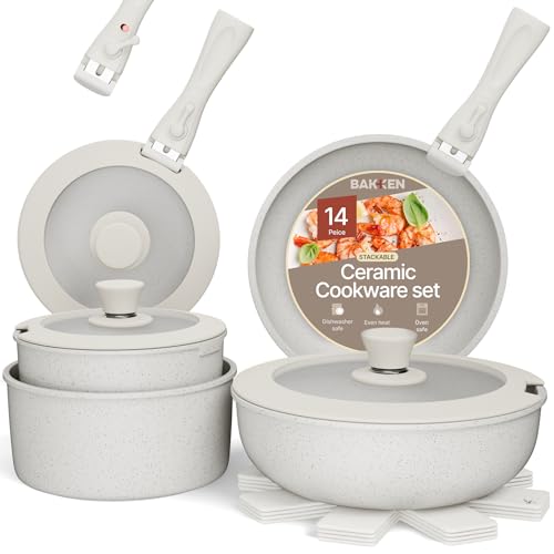 Juego de ollas y sartenes antiadherentes de cerámica y granito, 14 piezas con asas desmontables, apilables, ahorro de espacio, apto para lavavajillas, resistente a las manchas, apto para horno y - Vista 2