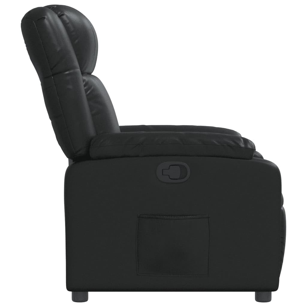 Fotel relaksacyjny, czarny, sztuczna skóra z ręczną funkcją leżenia, regulowane oparcie i podnóżek, stabilna rama drewniana, ergonomiczny, wygodny fotel do salonu, kącika do czytania i biura