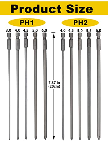 Rocaris 10 Pack Extra Long Phillips Screwdriver Bit Sets, 1/4 Inch Hex Shank Magnetic Screwdriver Bits Cross Head S2, 8 Inch #TOP1