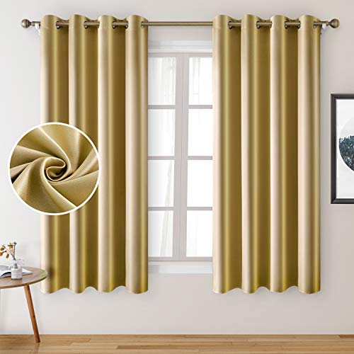 HOMEIDEAS 2 Panels Faux Silk Curtains for Nursery Gold Blackout Curtains, 52 X 63 Inch Room Darkening Thermal Insulated Window Drapes for Living Room, BedroomOEKO-TEX STANDARD 100