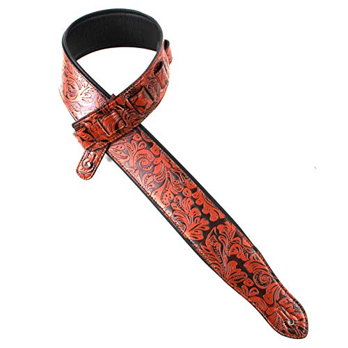 Walker And Williams G-970 Sangle en relief avec gant rembourré Marron bourbon Motif floral - Les Beatles, Paul McCartney, John Lennon, RIngo Starr, George Harrison Walker And Williams G-970 Sangle en relief avec gant rembourré Marron bourbon Motif floral