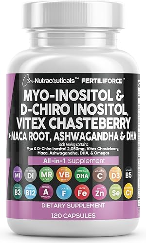 Clean Nutraceuticals Myo-Inositol & D-Chiro Inositol 2050mg Fertility Supplement 40:1 Ratio - Prenatal Vitamins for Women with Ashwagandha Maca Root Vitex Chasteberry Iron DHA Folic Acid DIM Zinc (1)