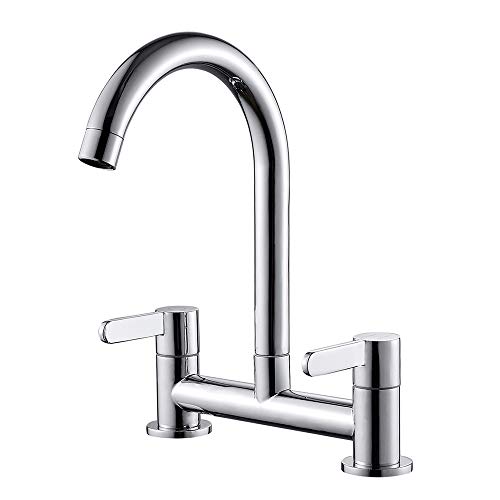 Kitchen Sink Mixer Taps, 2 Hole Kitchen Faucet, 360° Swivel Spout Dual Lever Sink Mixer Tap, Deck Mounted Kitchen Taps, Cold and Hot Mixer Tap, Sink Tap 1/4 Turn with UK Standard Fittings (Chrome)