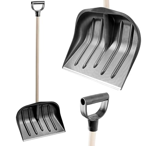 KB Tools Łopata do śniegu na podjazd, wytrzymała, polipropylenowa, z drewnianym uchwytem, bezprzewodowa, do ogrodu, na podwórko, taras, materiał z recyklingu, wyprodukowana w UE