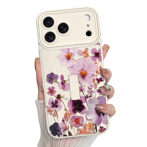 Coque silicone iPhone 17 Pro Max magnétique avec support béquille et motif floral violet