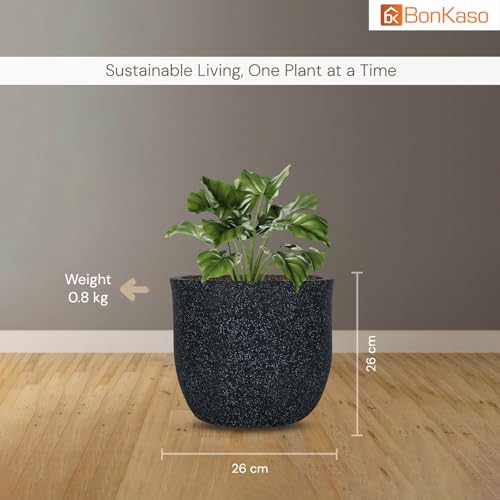 Image of BonKaso 10 Inch Jaguar Round Plant Pots | Highly Durable & Lightweight Polymer Planter for Indoor & Outdoor Use | Flower Pot (Gamla /Gamale) for Home, Office, Garden, Living Room & Balcony (Dark Grey)