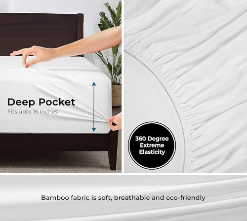 Image of Royale Linen Bamboo Viscose Fitted Sheet King Only - Cooling King Size Fitted Sheets - Deep Pocket Up to 16 inch - Organic Viscose Derived from Bamboo - Breathable & Silky Bottom Sheet (78x80 Inch, White)