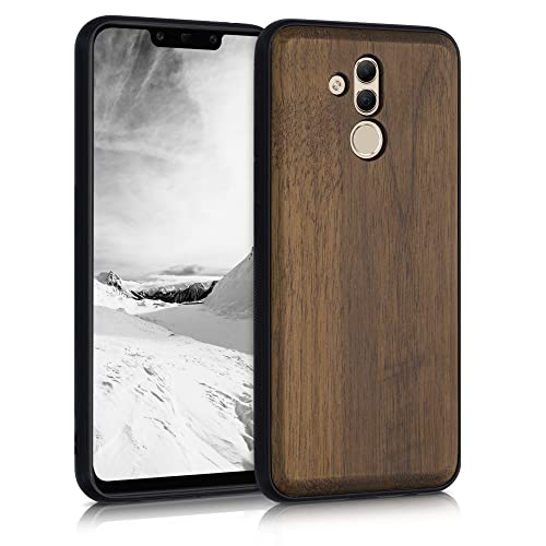 kwmobile Custodia Compatibile con Huawei Mate 20 Lite Cover - Protezione in Legno per Smartphone - Back Case con Bumper in Silicone TPU - marrone scuro legna