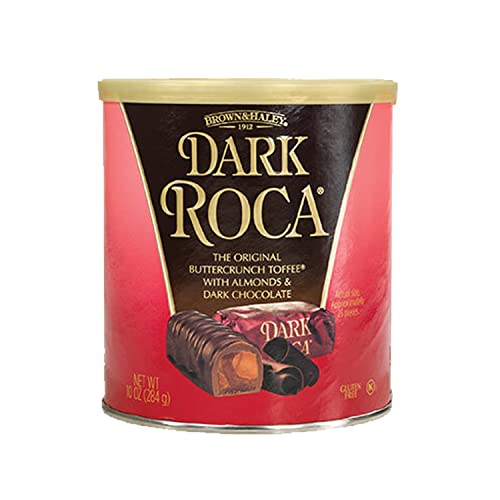 Brown & Haley Almond DARK ROCA Canister, Individually Wrapped Dark Chocolate Candy, Buttercrunch Toffee with Almonds Covered in Chocolate, 10 Ounces (Pack of 1)