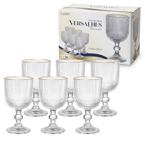Jogo 6 Taças 390ml Vidro Canelado Versalhes Borda Dourada