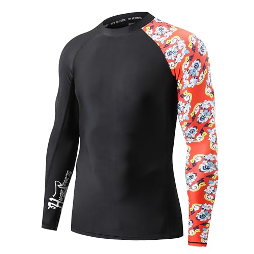 Image of HUGE SPORTS Men's Rash Guard Long Sleeves UPF 50+ UV Sun Protection Quick Drying Splice Compression Swim Shirts