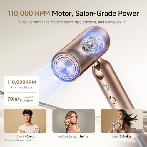 Dreame Pocket Pro Hair Dryer, Compact Foldable Ionic Blow Dryer, 110,000 RPM High-Speed Motor, Dual Voltage Travel Hair Dryer with Diffuser, Low Noise, 10.6 oz Lightweight, Heat Protection, 120V/240V - Image 6