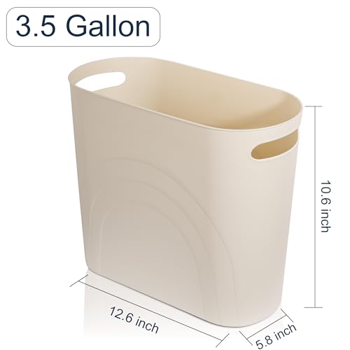 Image of rejomiik Small Trash Can, 3.5 Gallon Slim Garbage Can Plastic Waste Basket with Handles Container Bin for Narrow Spaces Bathroom, Bedroom, Kitchen, Office at Home, 2 Pack Cream