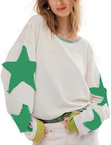 KGGT Women's Oversized Sweatshirt Long Sleeve Y2k Star Shirt Drop Shoulder Vintage Graphic Crewneck Top(Green,L)