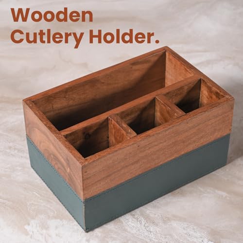 Image of Wooden Tray & Cutlery Holder Combo - Premium Leather Tray & Utensil Organizer, Elegant Dining Table Spoon Stand, Office Desk Storage, Leather-Fabric, Stylish & Functional