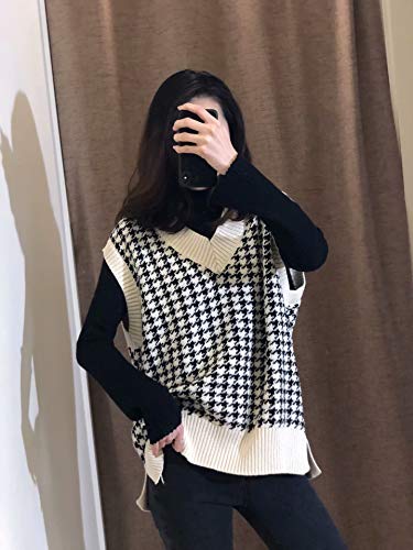 Image of WFHFNJW Women Houndstooth Pattern Knit Sweater Vest Sleeveless Loose V-Neck 90s Waistcoat Pullover Knitwear Top