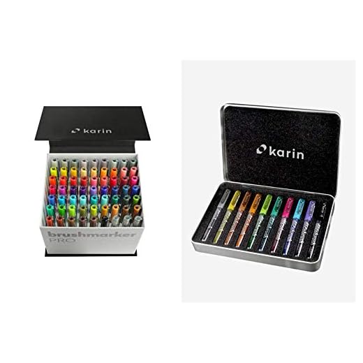 Karin HQ0003 Mega Caja Brush Marcador Pro brushpens a base de agua Adecuado para pintar + HQ0003 deCOB Rush Metallic 10 pcs. Juego Karin HQ0003 deCOB Rush Metallic 10 unidades, cuerpo transparente