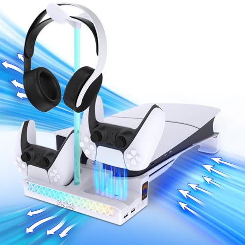 Sehawei Soporte para PS5 Slim/Pro con Ventilador de 2 Velocidades, Cargador para Mando PS5 con Luz LED, Soporte PS5 Horizontal con 2 Puertos USB y Holder Headphone para PS5 Slim (No para P5 2020)