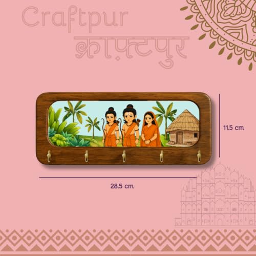 Image of Stylish Wooden Key Holder for Wall | Cute Key Holder for Home Decor | Key Holder Stand with 5 Hooks | Wall Mounted Key Hanger| (Ram Sita & Lakshman Ji)