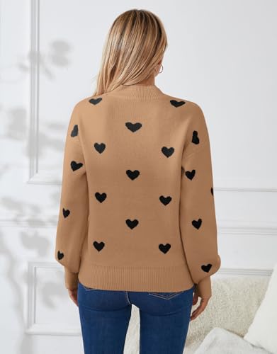 Image of Women's Long Sleeve Mock Neck Sweaters Loose Cute Heart Pullover Sweater