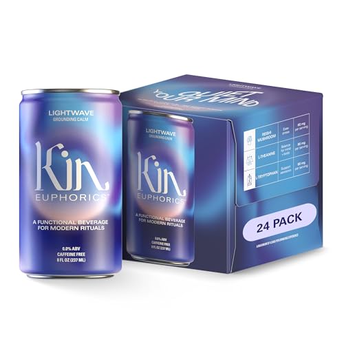 Kin Euphorics Lightwave Non-Alcoholic Functional Beverage | Calm the Mind & Mellow the Mood | Adaptogens, Nootropics, Reishi Mushroom & L-Theanine | 8 Fl Oz (24pk)