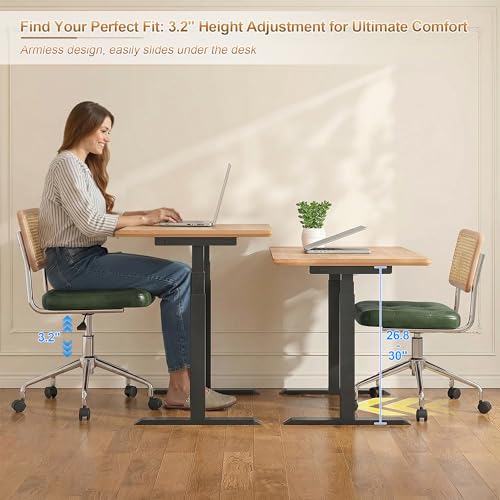 Image of Zesthouse Mid Century Home Office Chair, Armless Desk Chair with Rattan Back, Adjustable Height Task Chair Vanity Chair for Girls Women, Upholstered Swivel Chair, Green Faux Leather