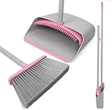 Broom with Dustpan Combo Set，52'' Brooms for Sweeping Indoor Broom and Dustpan Set for Home Kitchen Office Lobby Floor Standing Dust Pan-Red