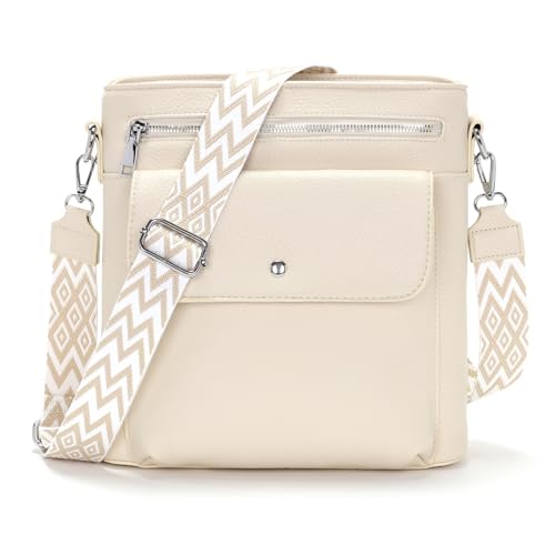 YISUOHOOM Handtasche Damen Mittelgroß Umhängetasche Damen Crossbody Bag Veganes Leder Schultertasche mit Vielen Fächern Beige