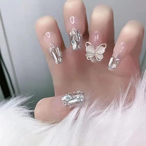 Press on Nails with Designs Medium Length, Coffin Shape Full Cover Reusable False Nails with Glue, Stick on Nails with Chrome Butterfly, Artificial Acrylic Fake Nails for Women, Glue on Nails Square - Image 5