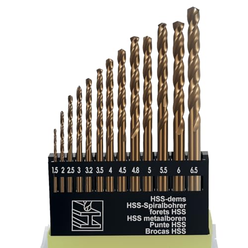 13Pack HSS Twist Drill Bit Set Metric M35 Cobalt Steel High Speed Steel Titanium Coated Drill Bit Tool Extremely Heat Resistant with Straight Shank 1.5mm-6.5mm for Drilling Tool Wood Metal & Plastic