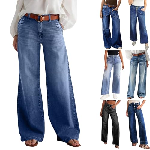 Baggy Jeans for Women High Waisted Stretchy Flare Jeans Elastic Waist Bell Bottom Wide Leg Y2K Denim Pants w/Pockets