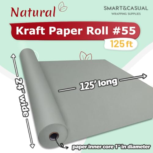 Image of SMART&CASUAL 24 inch x 1,500 inch (125') Light Grey Kraft Craft Paper Roll for Gift Wrapping Bulletin Board Bouquet Flower Art Packing Parcel Table Covering 80GSM 55LB (Light Grey, 24 inch x 125')