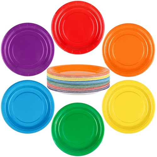 Breroa 72 Pieces Rainbow Paper Plates 7 Inch Bulk Paper Plates Disposable Round Dessert Plates Heavy Duty Solid Color Paper Plates Table Decors Party Supply for Birthday, Dinner, Wedding