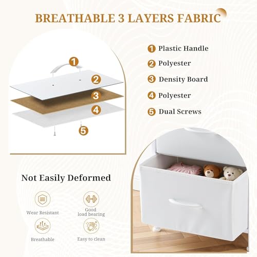 Image of Nightstand, Small 2 Drawer Dresser Side Table, Bedside Storage Furniture with Wooden Top Fabric Bins for Bedroom, Closet, Dorm, 11.8 inch D x 18 inch W x 20 inch H, Cream White