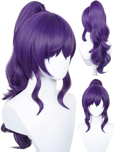 Image of Long Curly Purple Ponytail Anime Wig with Bangs 23.6'' Dark Purple Wigs | Deep Purple Pigtail Wig Synthetic Hair for Women Halloween Costume Party