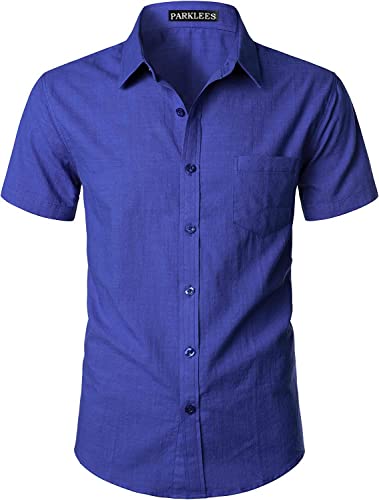 PARKLEES Men's Fitted Cotton Linen Casual Short Sleeve Button Up Shirts Lightweight Beach Tops with Pocket EU-PZLSC34-Pure Royal Blue Medium